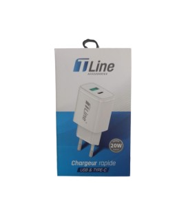Chargeur Ports USB + Type C 20W + Cable Type C TLINE TL-CH02
