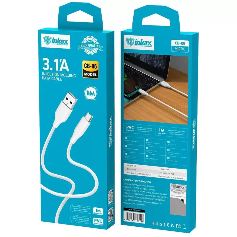 Cable Micro USB 1m 3.1A INKAX CB-06 - Blanc