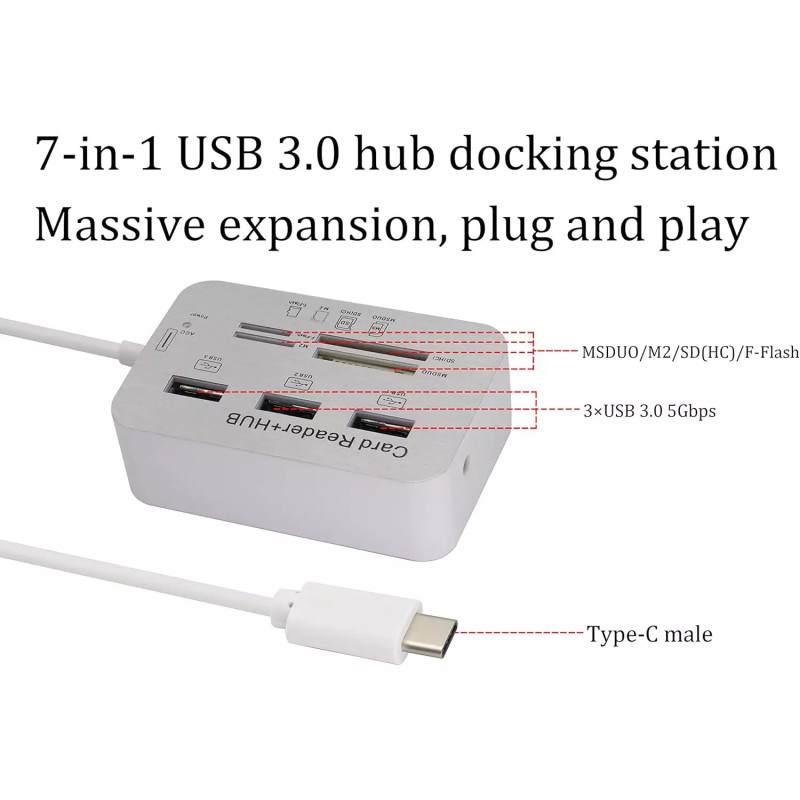 Hub USB 3.0 Type C vers Ports USB + Lecteur de cartes - Blanc