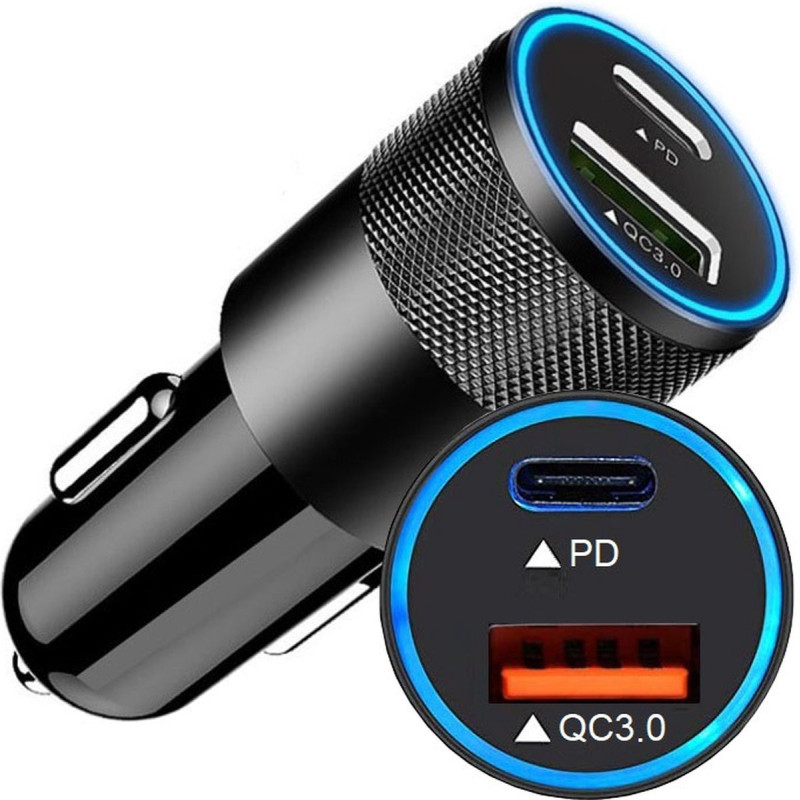 Chargeur Allume Cigare USB Type C PD 20W+ USB QC 3.0