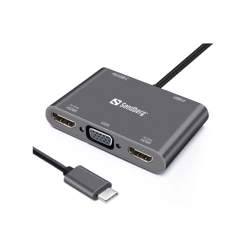 Station d'Accueil SANDBERG Dock USB-C 2XHDMI+1XVGA+USB+PD - Gris
