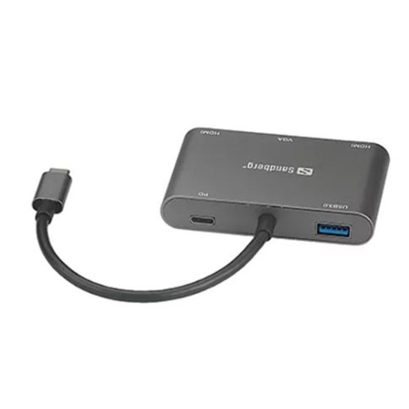 Station d'Accueil SANDBERG Dock USB-C 2XHDMI+1XVGA+USB+PD - Gris