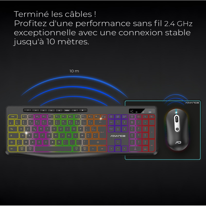 Combo Clavier et Souris sans Fil + Tapis ADVANCE CLS-3100BK RGB - Noir