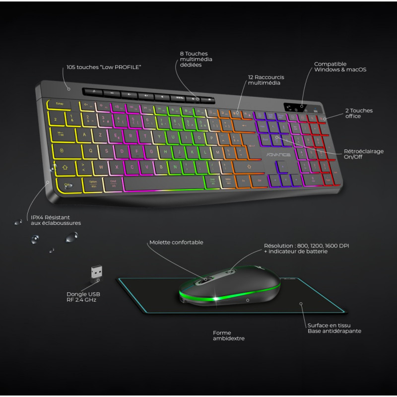 Combo Clavier et Souris sans Fil + Tapis ADVANCE CLS-3100BK RGB - Noir