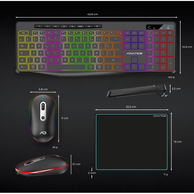 Combo Clavier et Souris sans Fil + Tapis ADVANCE CLS-3100BK RGB - Noir