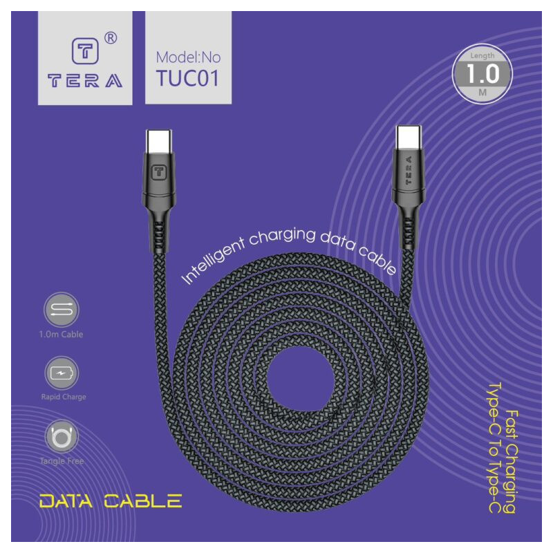Cable USB-C 1m 3.4A TERA TUC01 - Noir