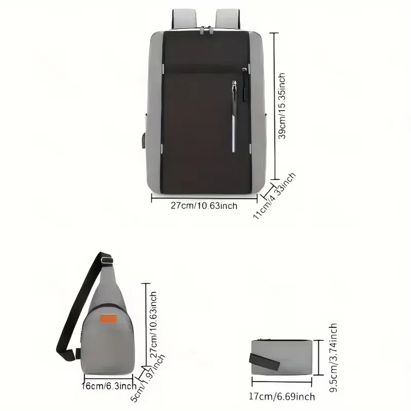 Sac à dos pour Pc Portable 15.6" + Sacoche + Trousse - Gris
