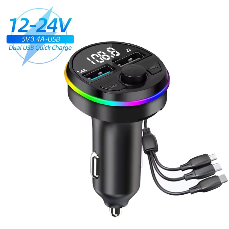 Transmetteur FM Bluetooth USB 3.4A avec 3 Cable de Charge G-451