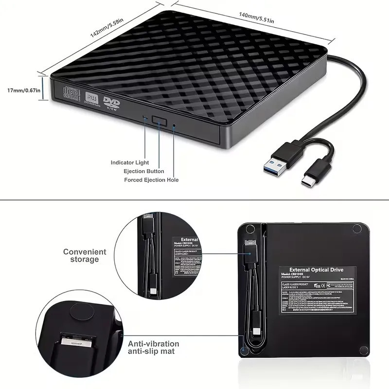 Lecteur Graveur DVD Externe USB 3.0 et USB-C ECD829 - Noir