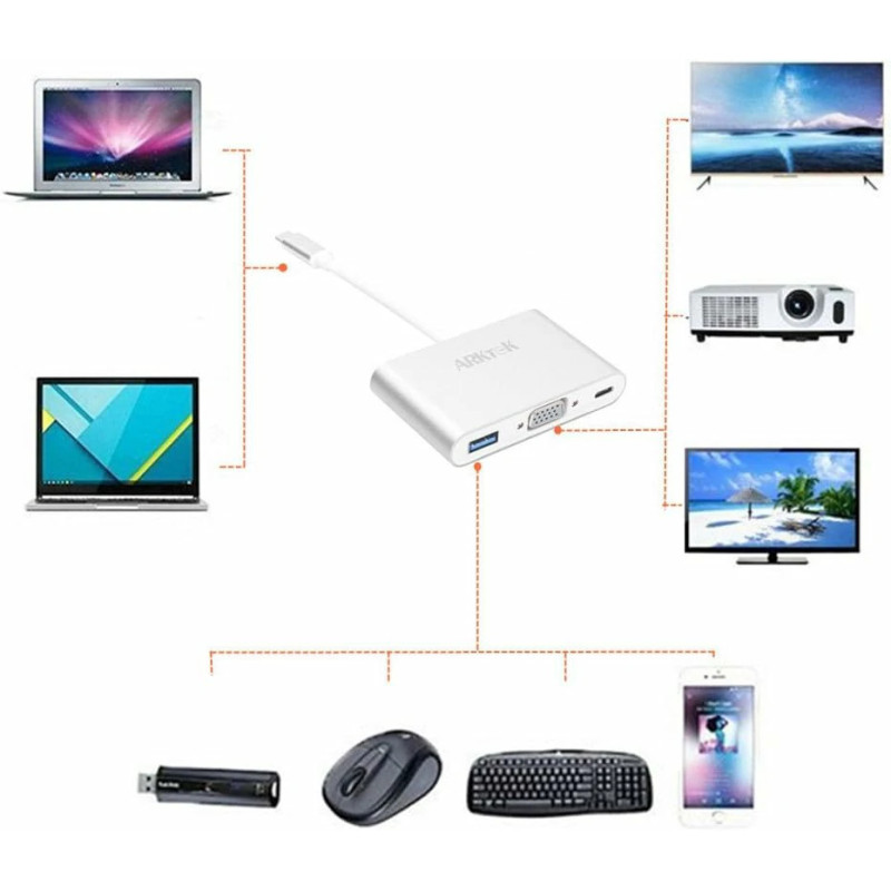 Adaptateur Type-C vers Ports 1x USB 3.0 / 1x VGA / 1x USB-C ARKTEK