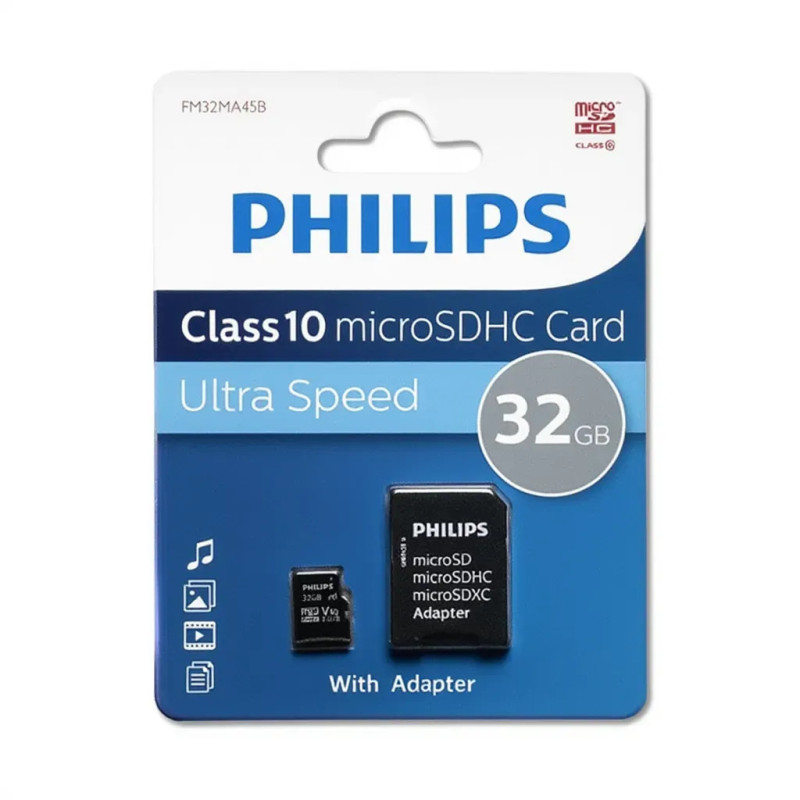Carte Mémoire PHILIPS 32GB Class 10 avec Adaptateur