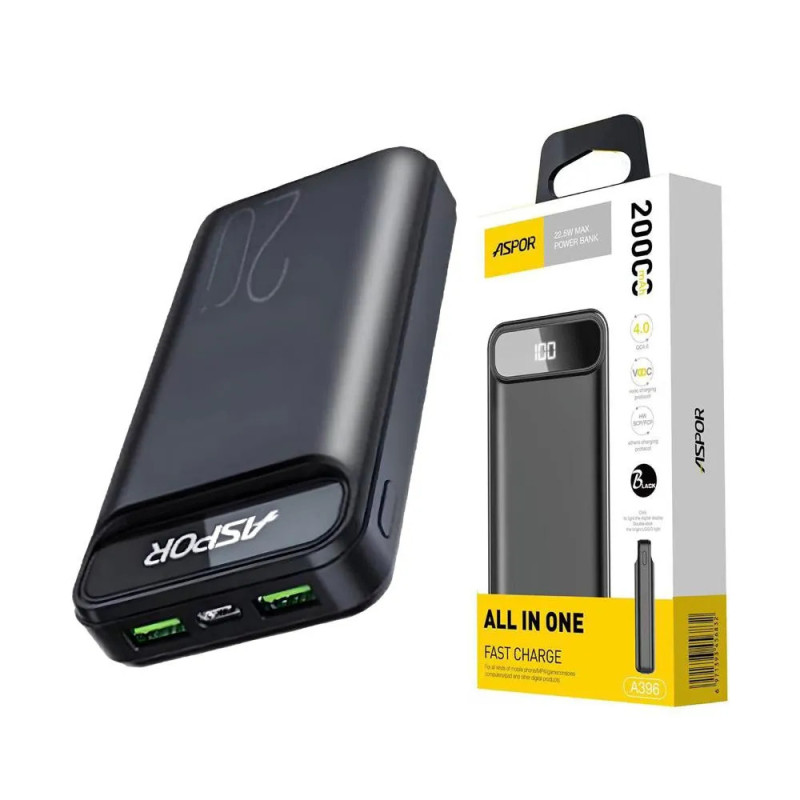 Power Bank ASPOR A396 / 20 000 mAh / 22.5W Fast Charge
