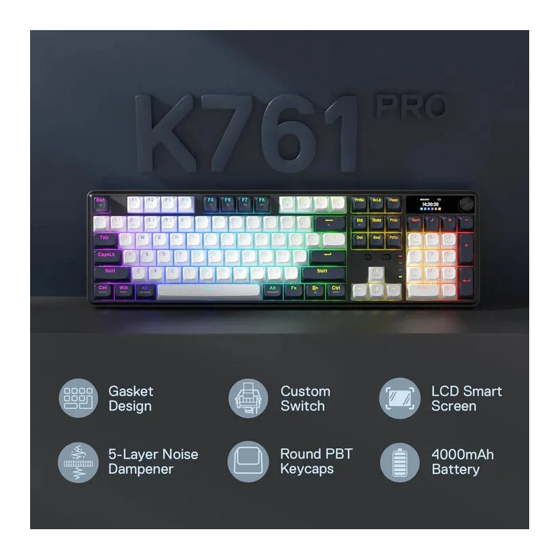 Clavier sans Fil / Bluetooth REDRAGON WYVERN LCD PRO K761 RGB - Blanc Noir