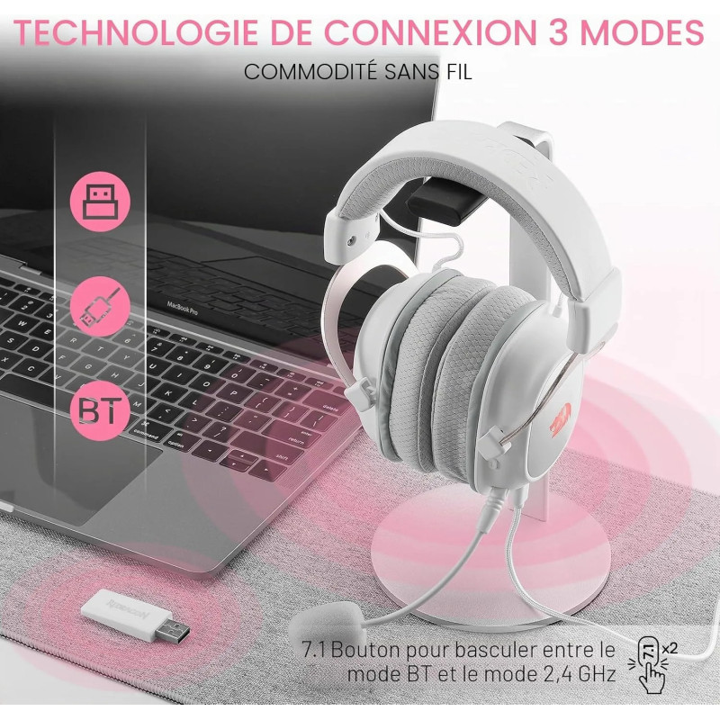 Casque Gaming REDRAGON ZEUS PRO H510 Wireless 7.1 Bluetooth - Blanc