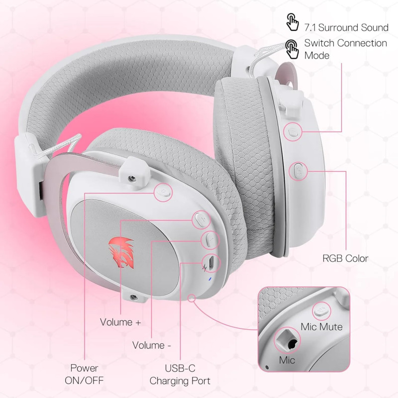 Casque Gaming REDRAGON ZEUS PRO H510 Wireless 7.1 Bluetooth - Blanc