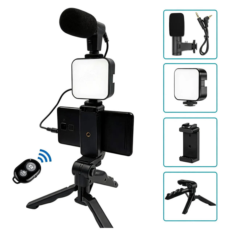 Kit De Production Vidéo avec Trépied, Lumière et Microphone AY-49 - Noir