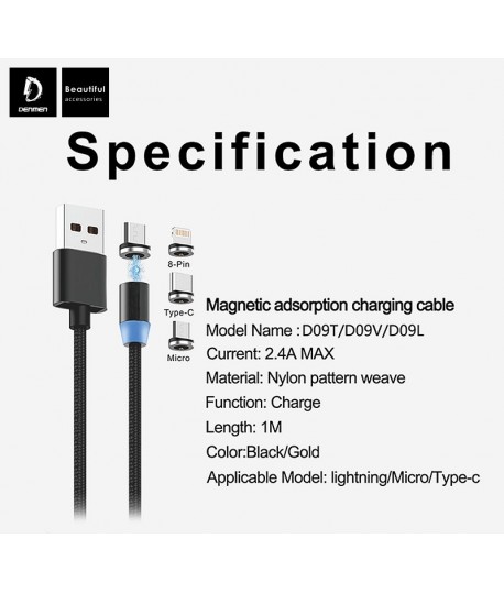 Cable USB Magnétique 3 en 1 Micro USB / Type C / Lightning DENMEN D09E